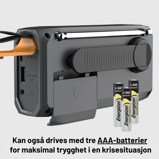 Nødradio med DAB+/FM – 4500mAh Powerbank, Lommelykt, Sveiv & Solcelle | Kan også bruke AAA-batterier