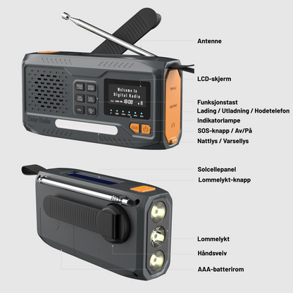 Nødradio med DAB+/FM – 4500mAh Powerbank, Lommelykt, Sveiv & Solcelle | Kan også bruke AAA-batterier