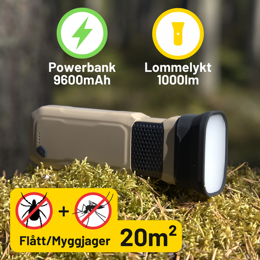 3-i-1 Flått/Myggjager, 9600 mAh powerbank og lommelykt